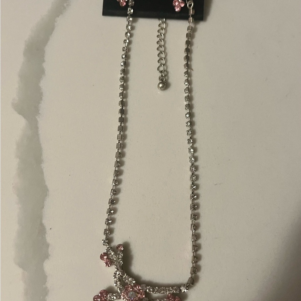 Mariell Elegant Pink and Silver Floral Crystal Necklace Set dangle post earrings